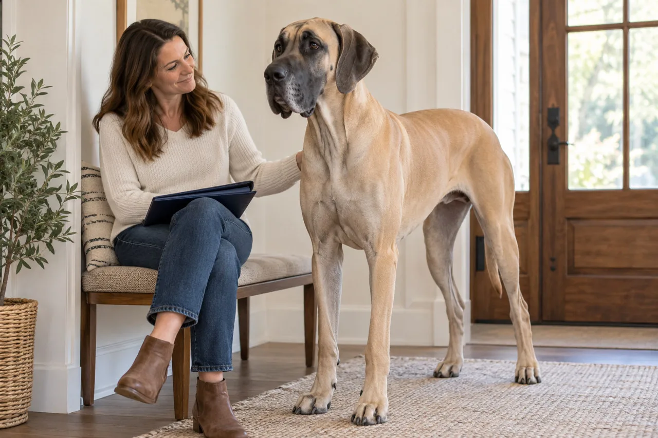 Owner holding a folder beside a large fawn-colored dog